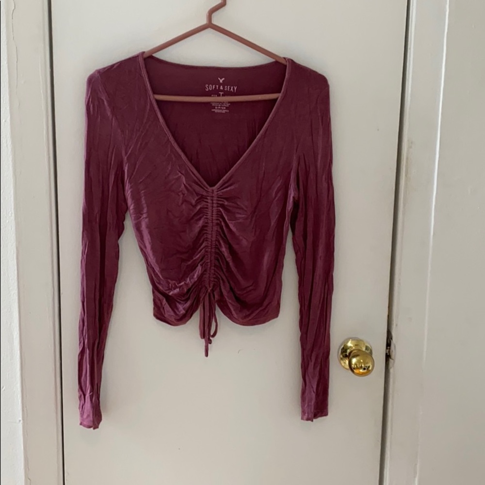 Long Sleeved Ruched Crop Top Mauve Small